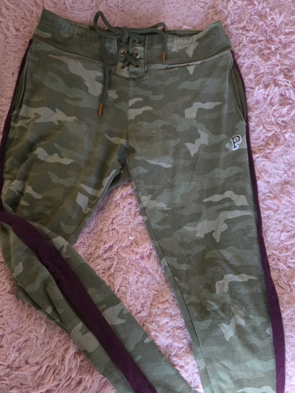 Victoria's Secret PINK Olive Camo Joggers with Purple Side Stripes